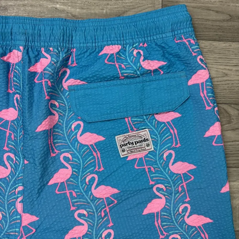 Party Pants Swim Trunks Shorts Blue Pink Flamingo Print sz XXL